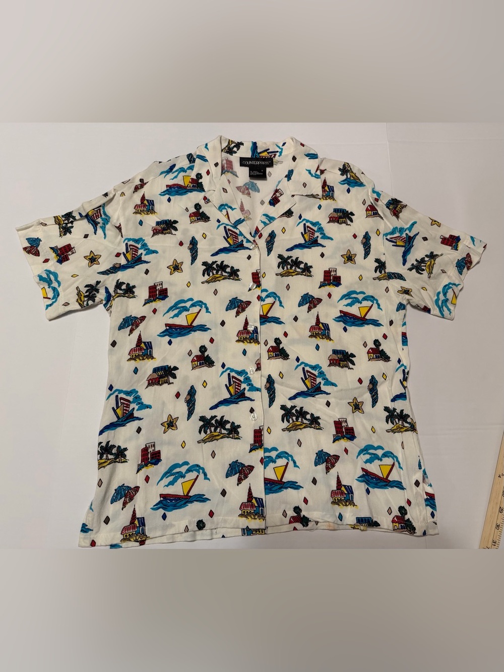 Counterparts Vintage Cream Button-Up SS Shirt Blue/Yellow/Red Tropical Motif Med